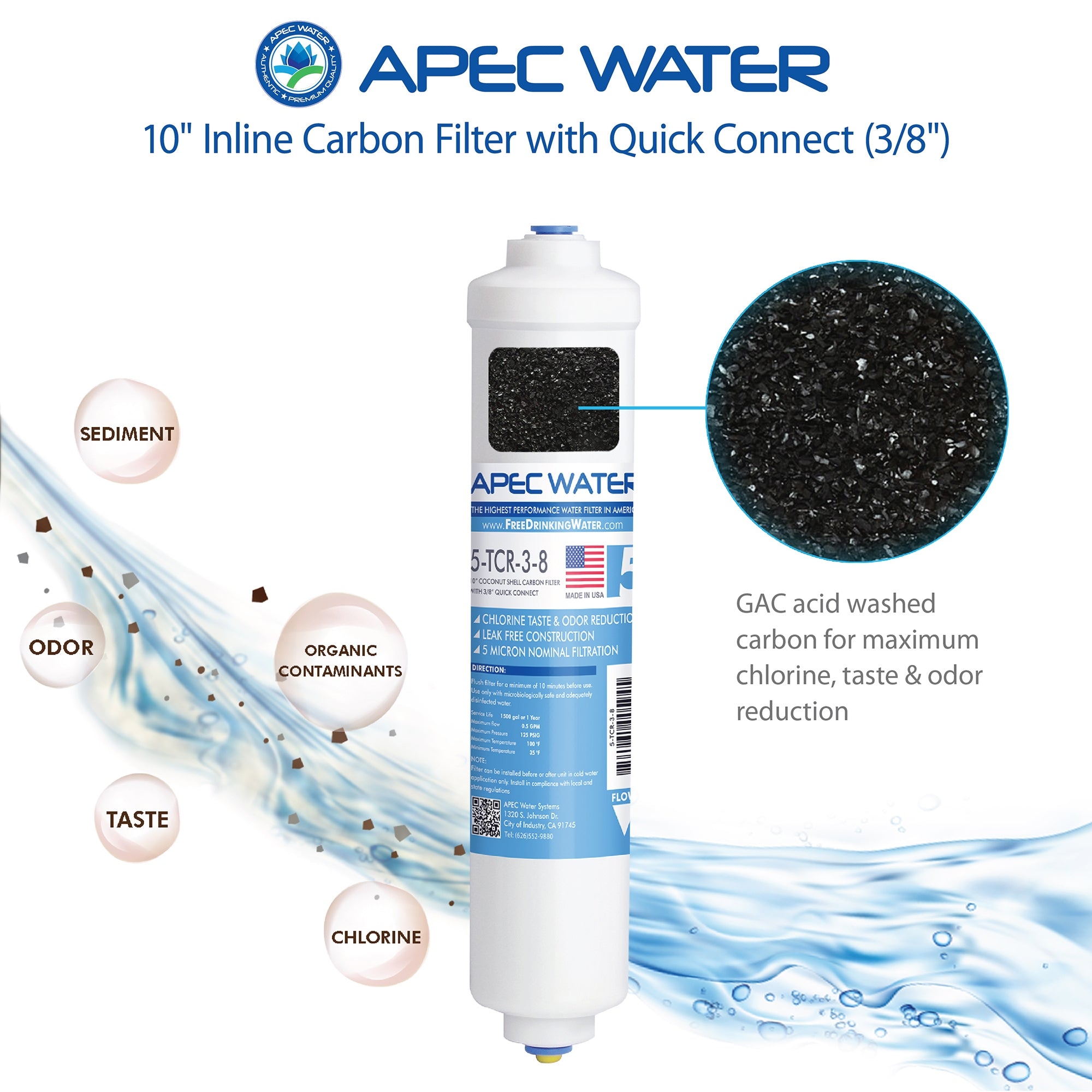 APEC ULTIMATE Inline Carbon Post-filter 10 Inch, with 3/8"D Tubing Output