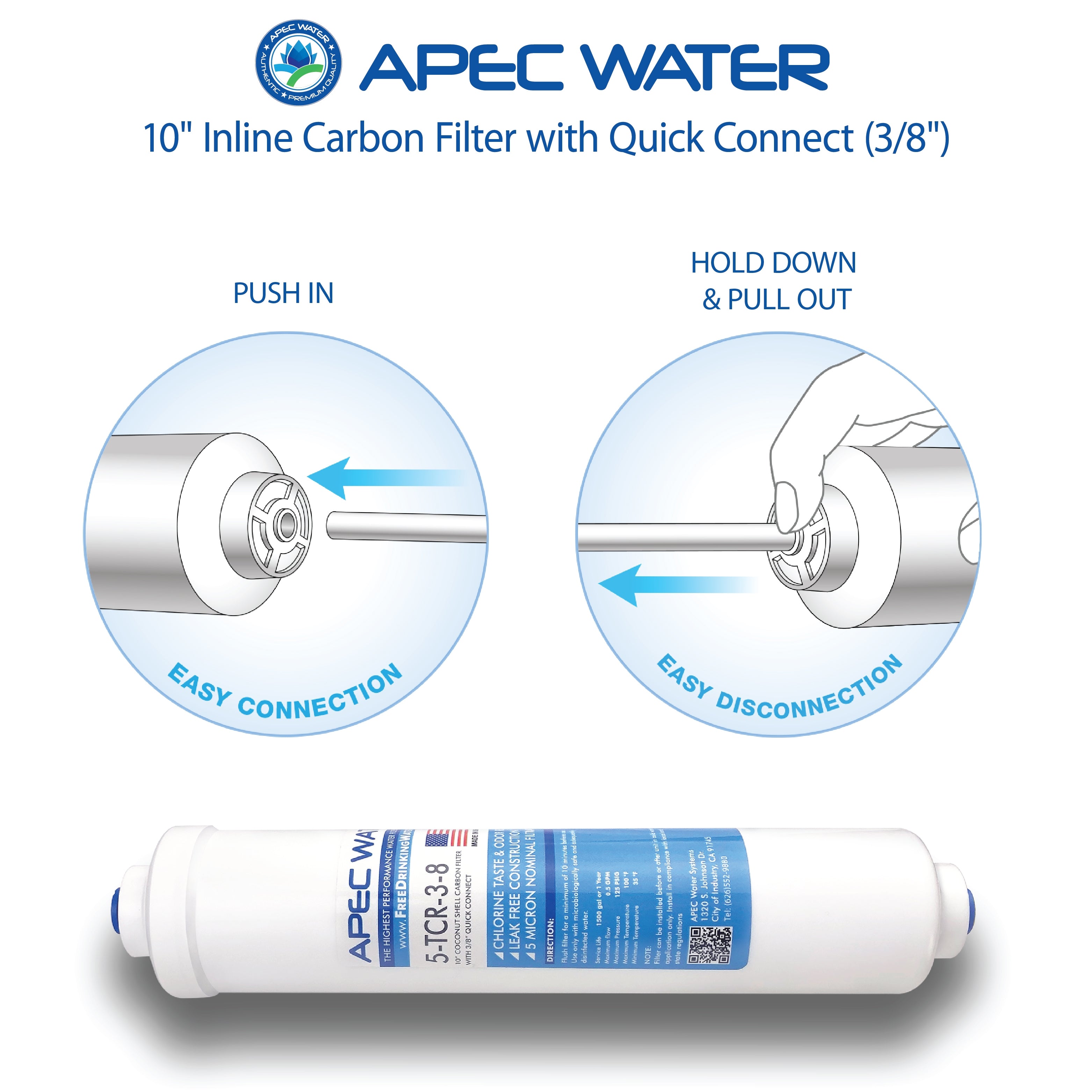 APEC ULTIMATE Inline Carbon Post-filter 10 Inch, with 3/8"D Tubing Output