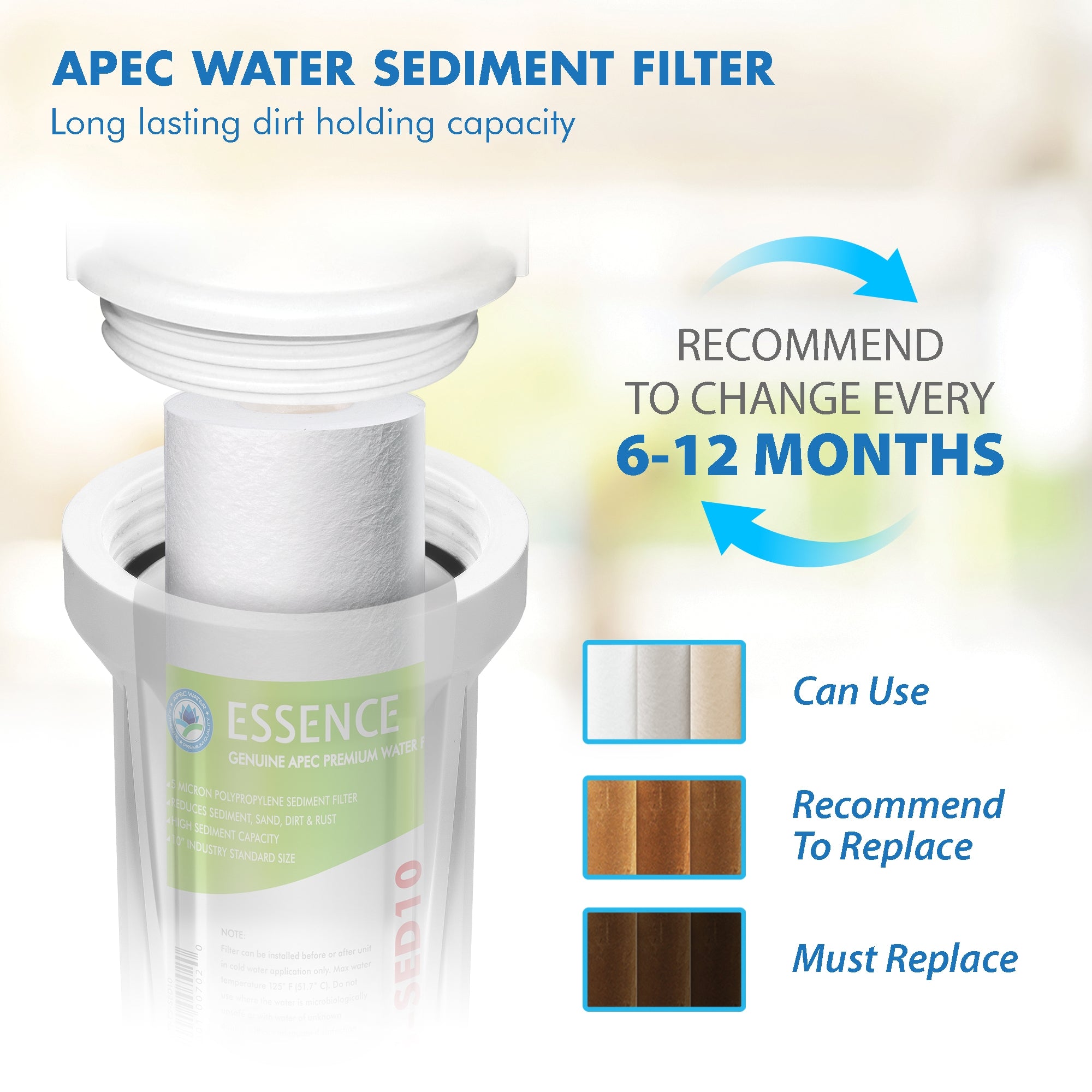 APEC ESSENCE Stage 1 , 10 Inch , 5 Micron Sediment Replacement Filter For Undersink System(FI-ES-SED10)