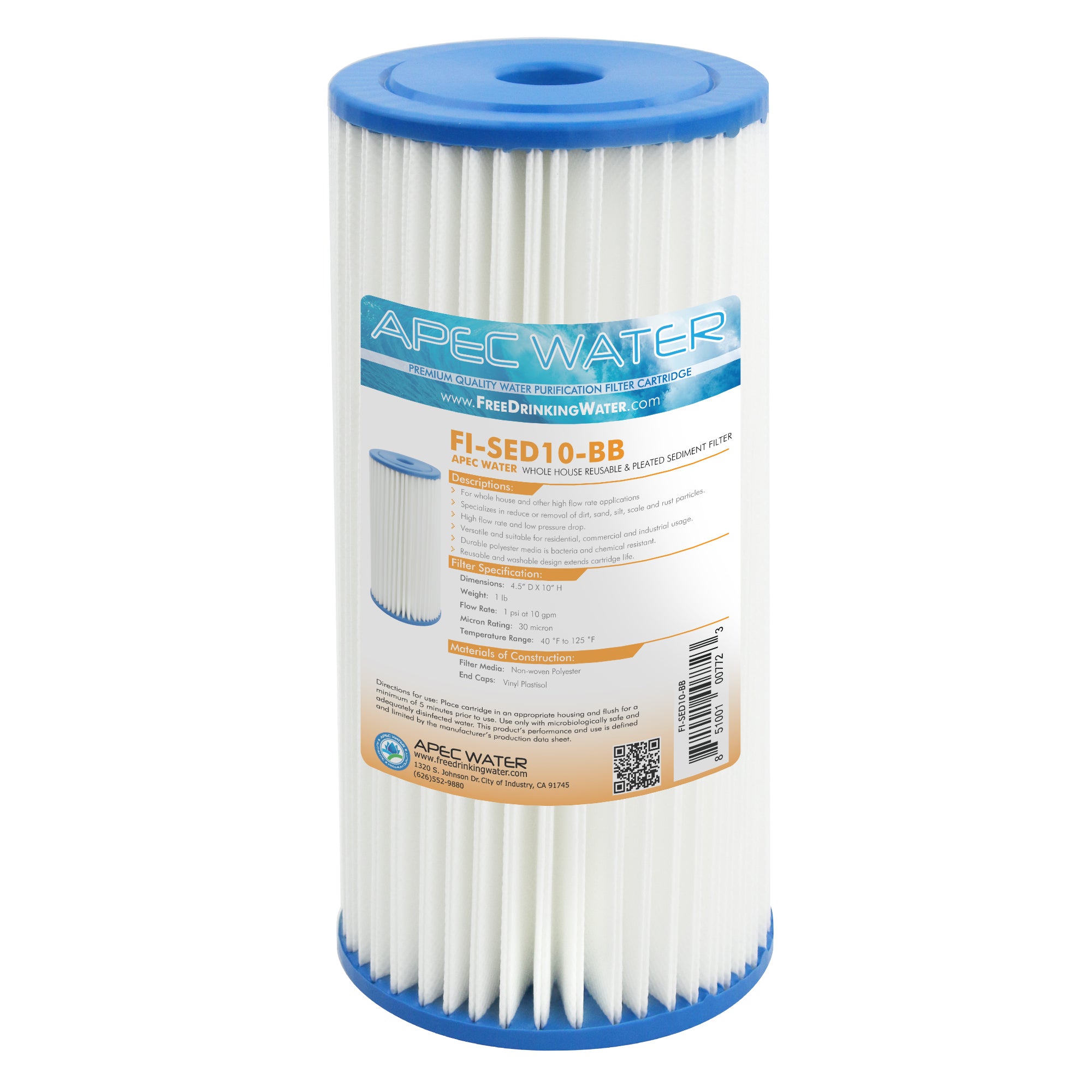 Whole House Reusable & Pleated Sediment Filter 4.5" x 10", 30 Micron