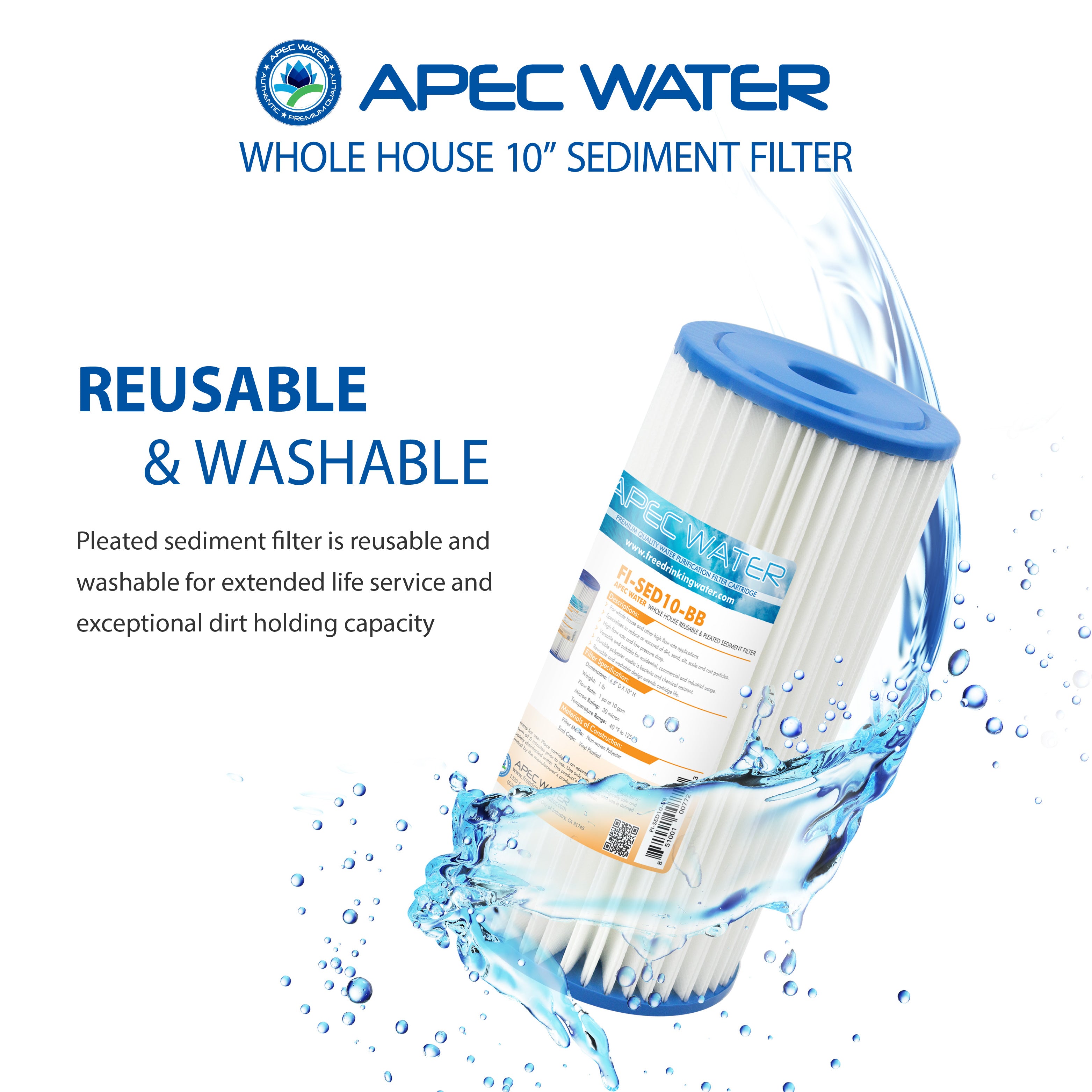 Whole House Reusable & Pleated Sediment Filter 4.5" x 10", 30 Micron