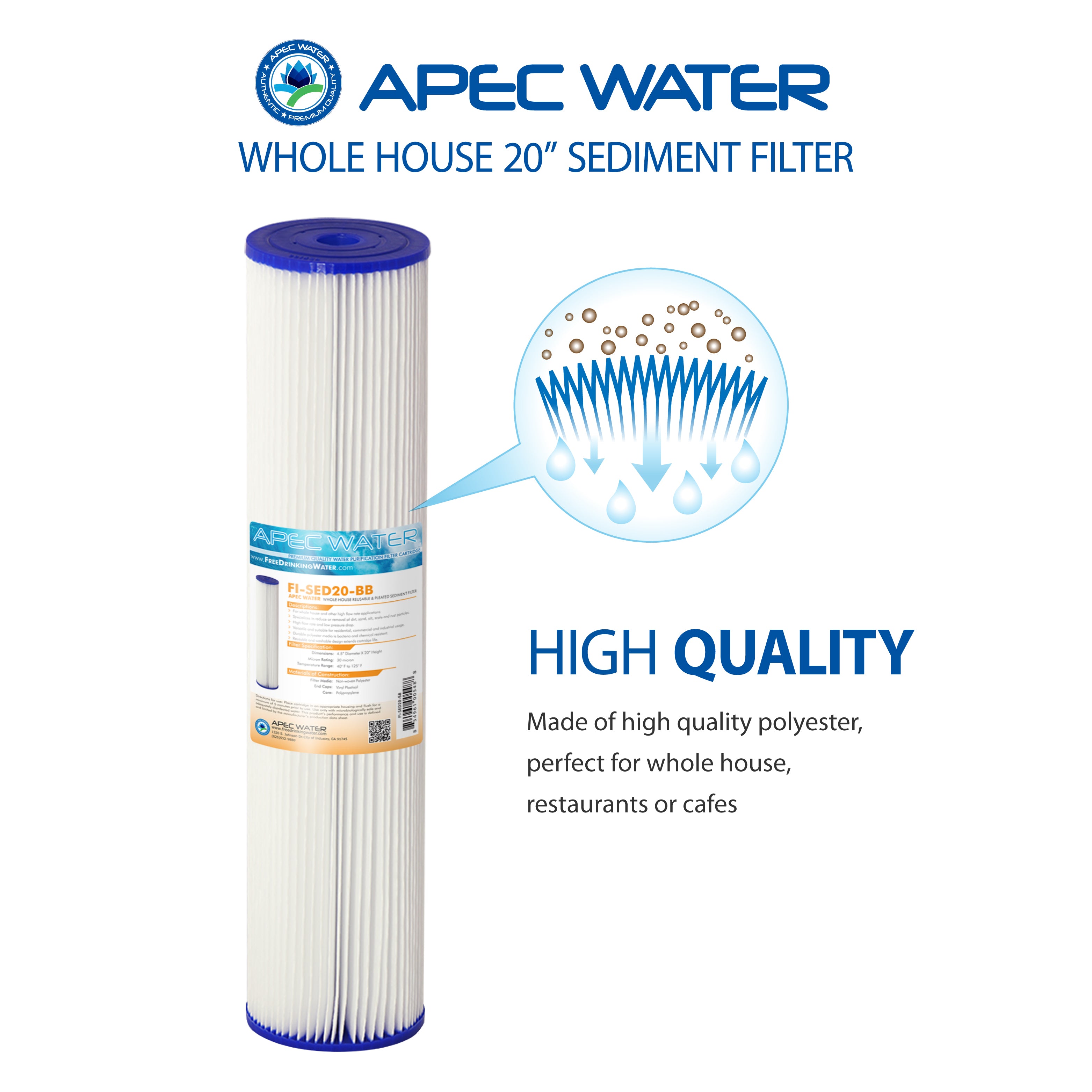 Whole House Reusable and Pleated Sediment Filter 4.5" x 20", 30 micron