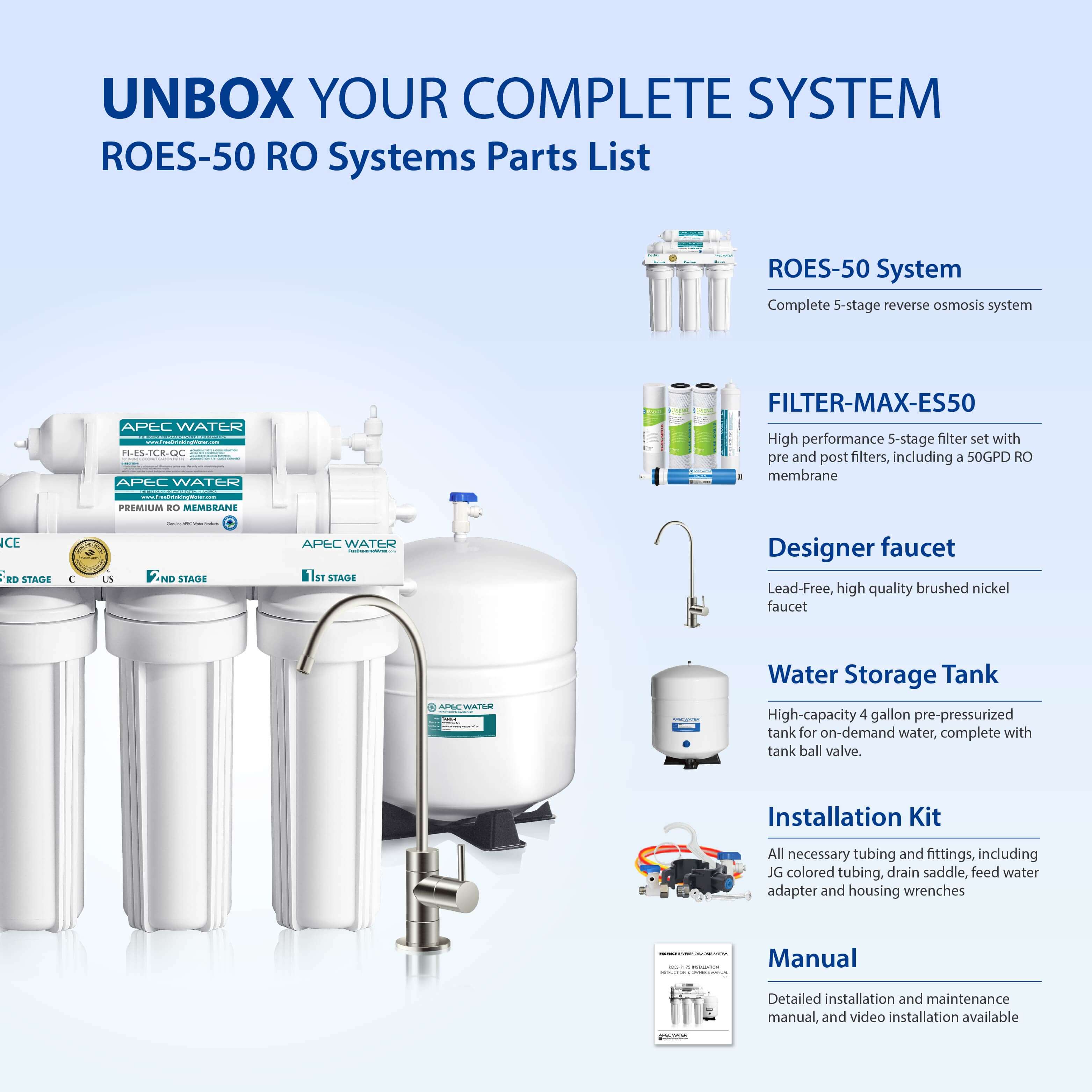 ROES-50 - Essence 5-stage 50 GPD Reverse Osmosis Water System for Drinking Water, WQA Certified