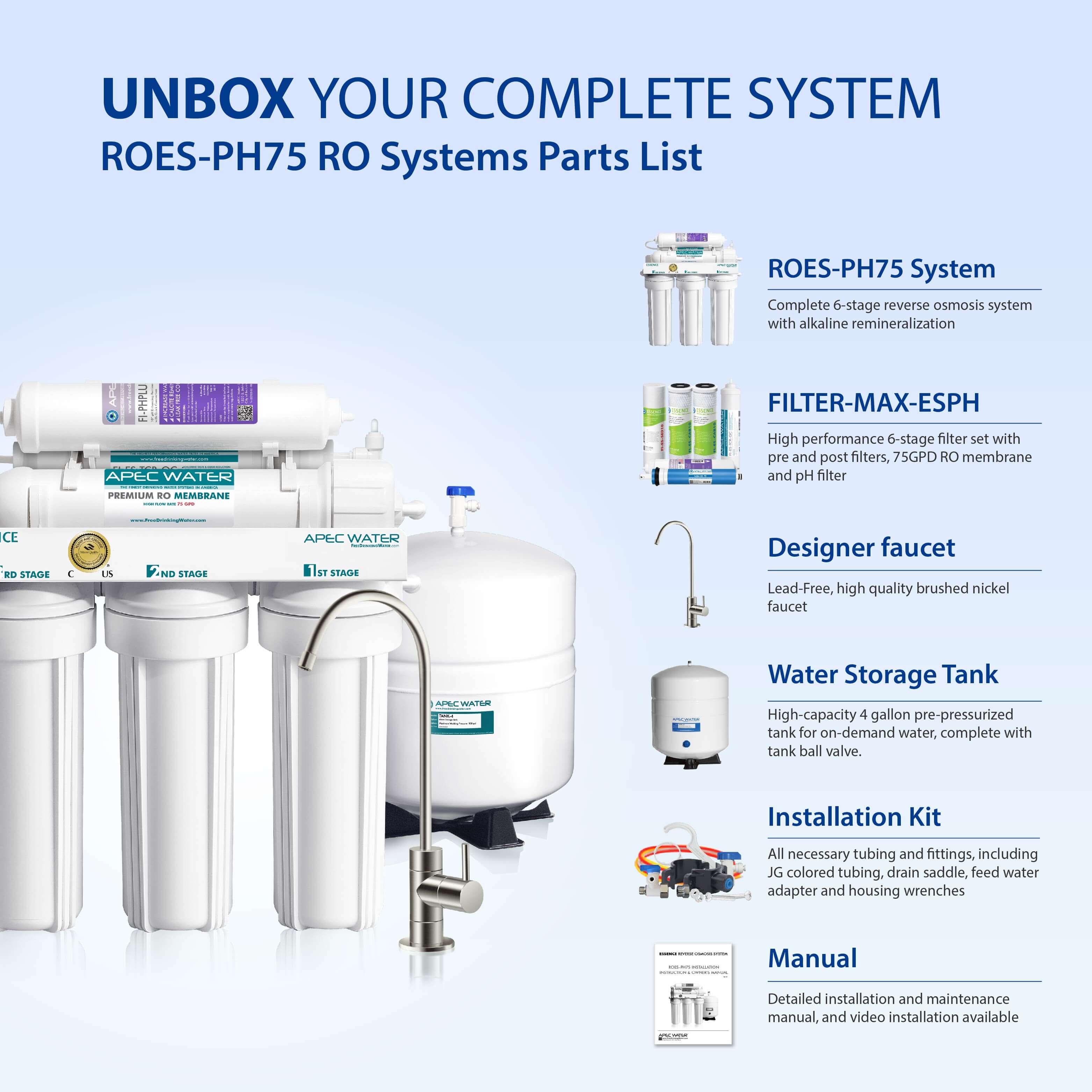 ROES-PH75 - Essence Alkaline Mineral 6-Stage 75 GPD Reverse Osmosis Water Systems for Drinking Water, WQA Certified