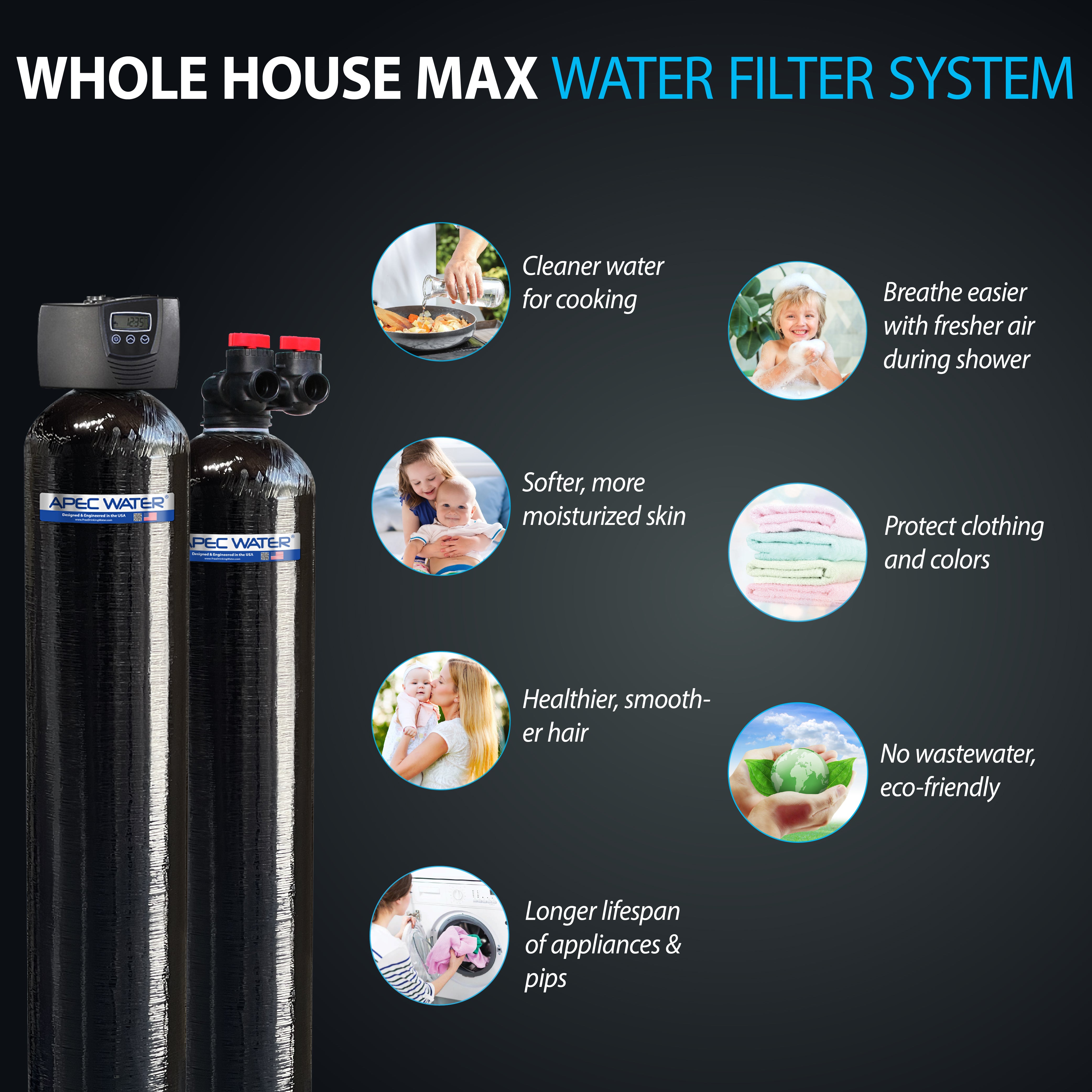 APEC WH-SOLUTION-MAX10-FG Salt Free Water Conditioner and Whole House Water Purification Systems for Home with 1-3 bathrooms