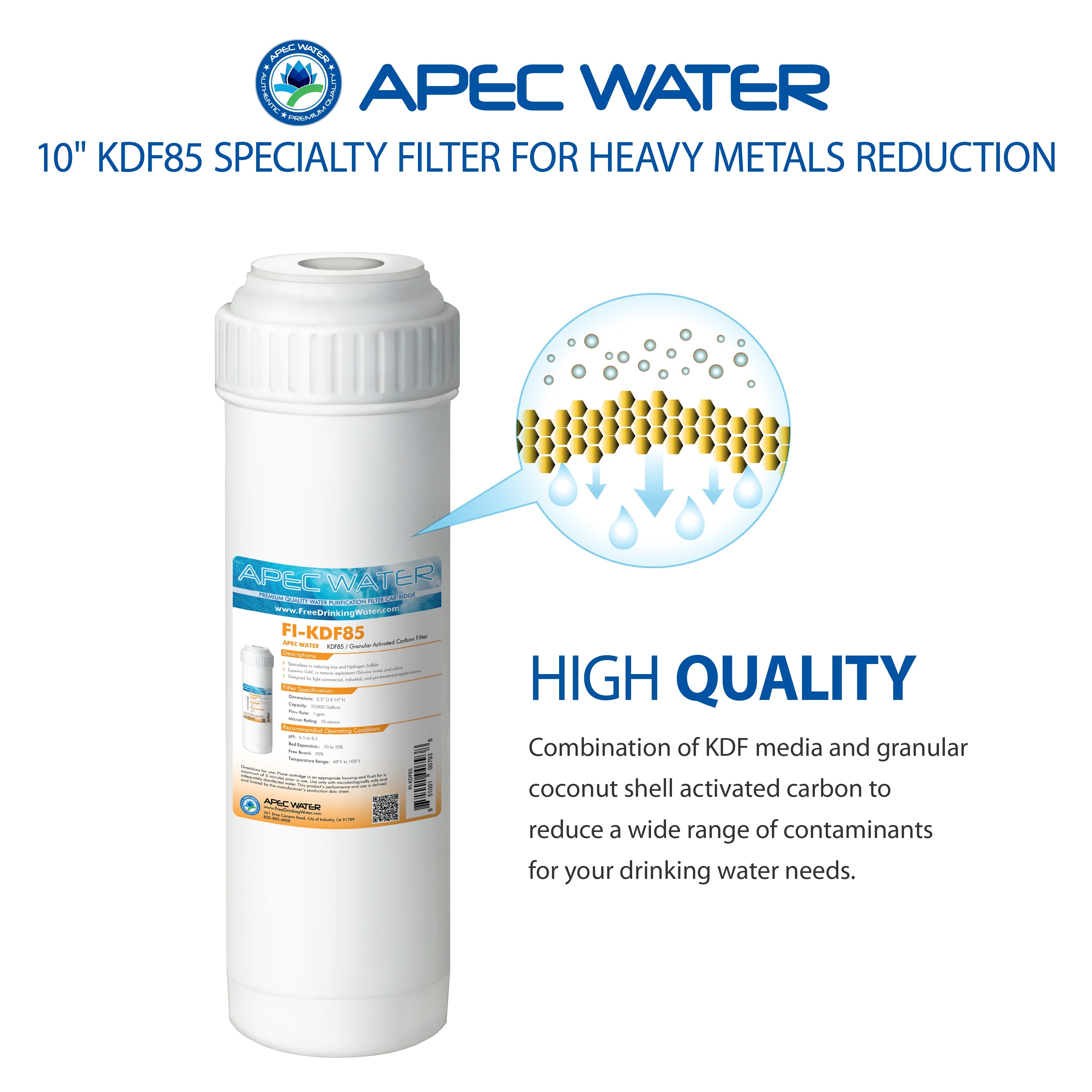 APEC KDF85 2.5 Inchx10 Inch GAC Water Filter Heavy Metals and Hydrogen Sulfide Reduction