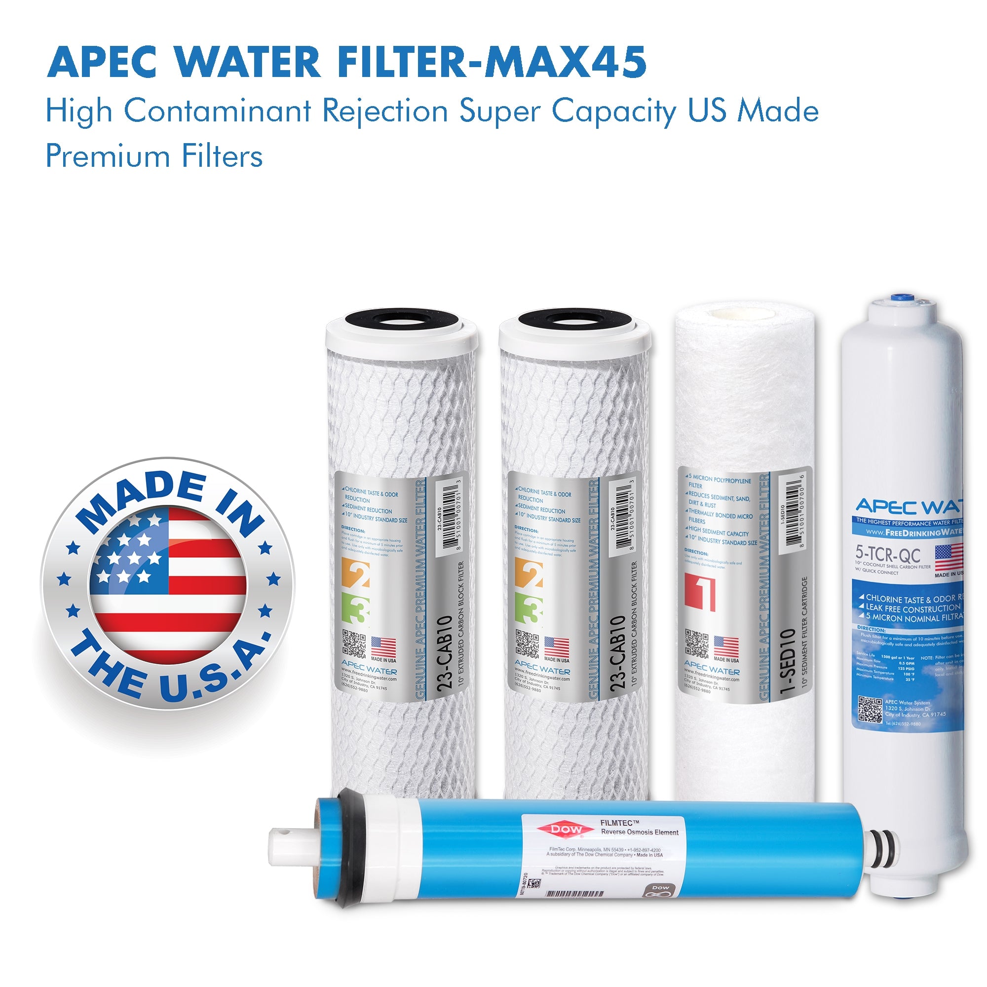 APEC RO Replacement Filters Complete Filter Set for ULTIMATE RO-45 and RO-PUMP Models - With 1/4" Tubing (Stages 1-5)