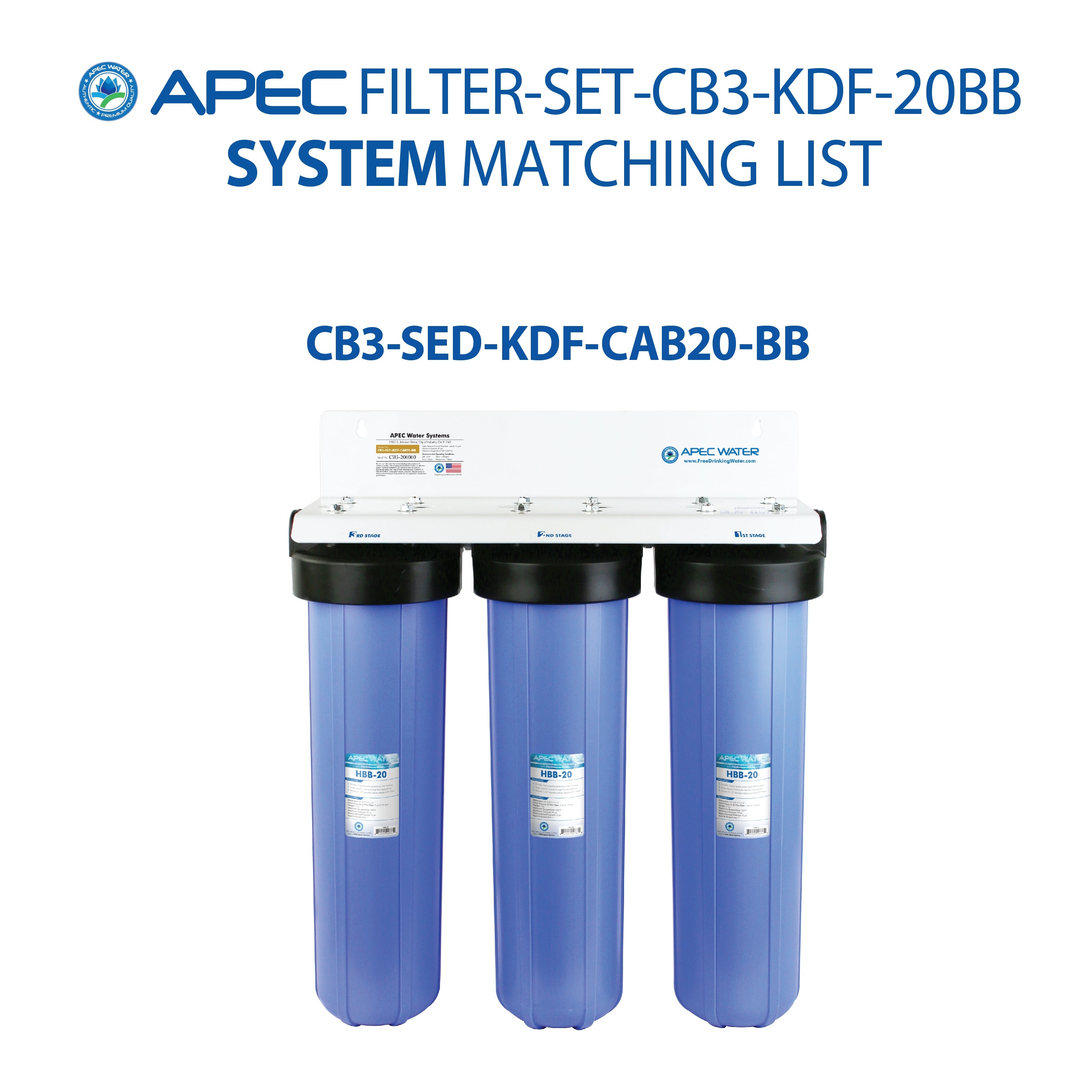 APEC 20 Inch Whole House Sediment, KDF and Carbon Replacement filter set for CB3-SED-KDF-CAB20-BB